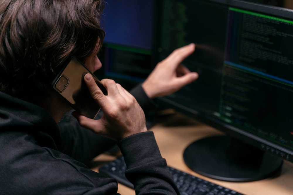 man pointing on the screen wuth data while calling