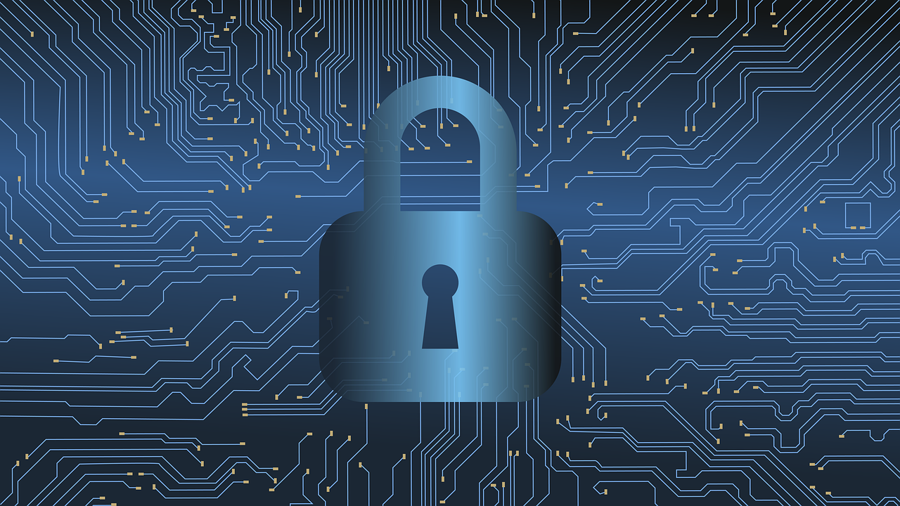 Blue padlock on a digital circuit background, symbolizing cybersecurity