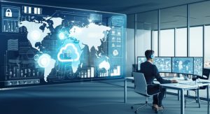 Photo-realistic modern RIA office with a financial advisor working at a high-tech desk, showcasing cybersecurity dashboards and secure data systems