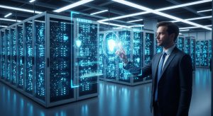 A modern blue shield graphic for CyberSecureRIA, illustrating data protection and network defense