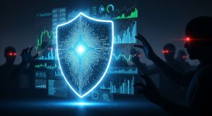 Advanced cybersecurity for Registered Investment Advisors, showing a protective shield over financial information against cyber threats.