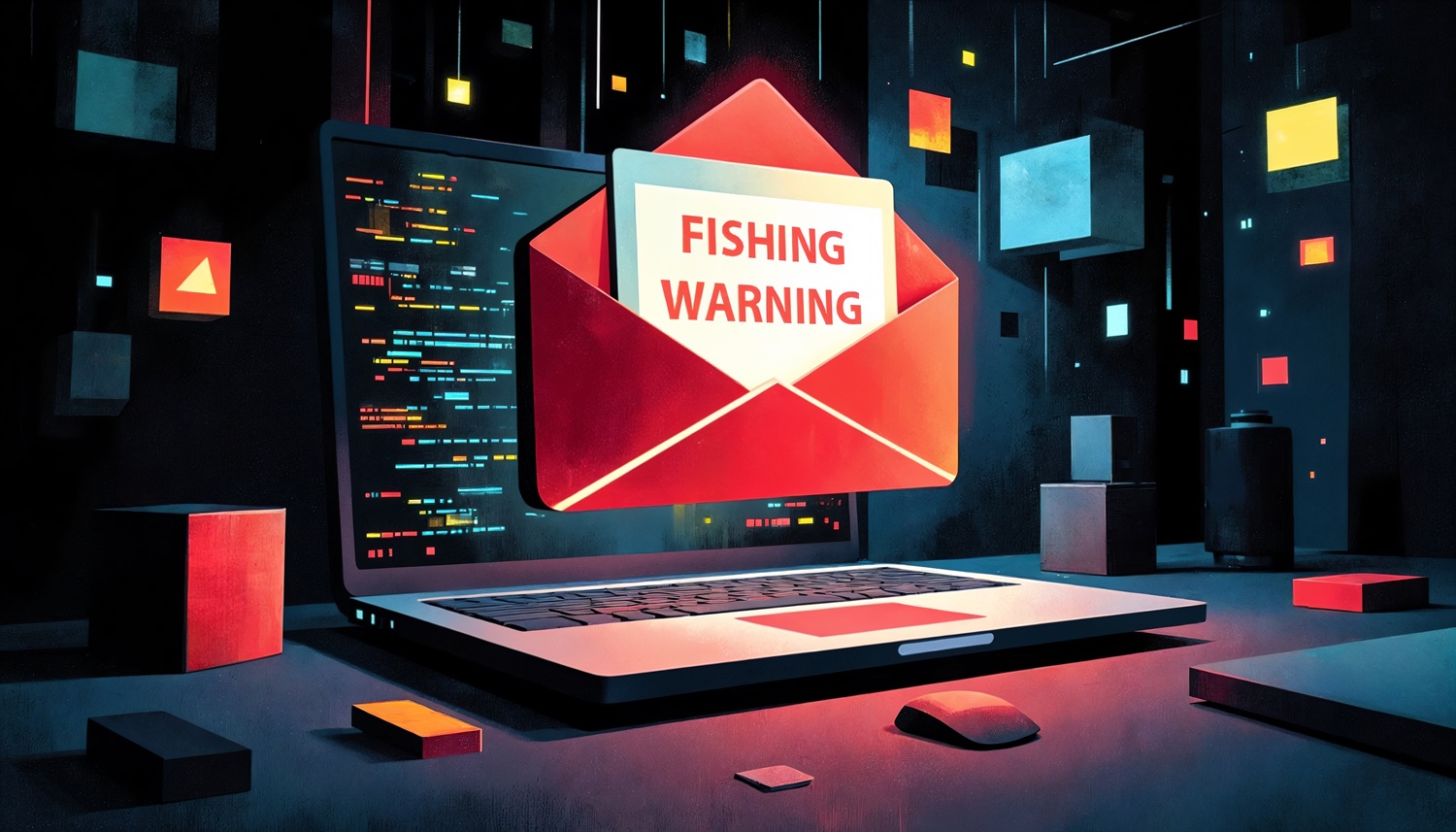 Laptop displaying a phishing warning email inside a red envelope, representing cybersecurity threats and email scams.
