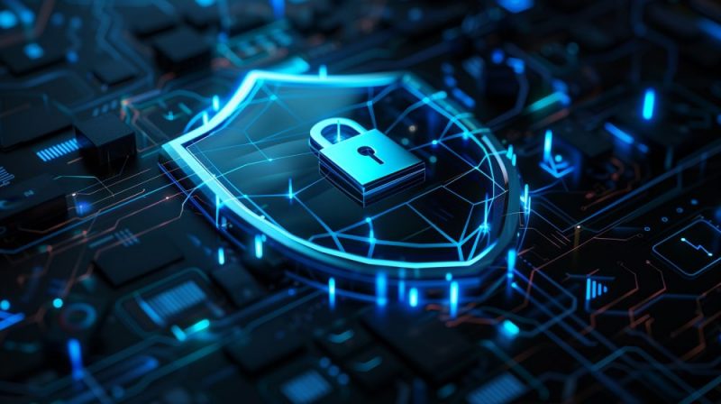 3D illustration of shield with lock and digital data network, blue color theme
