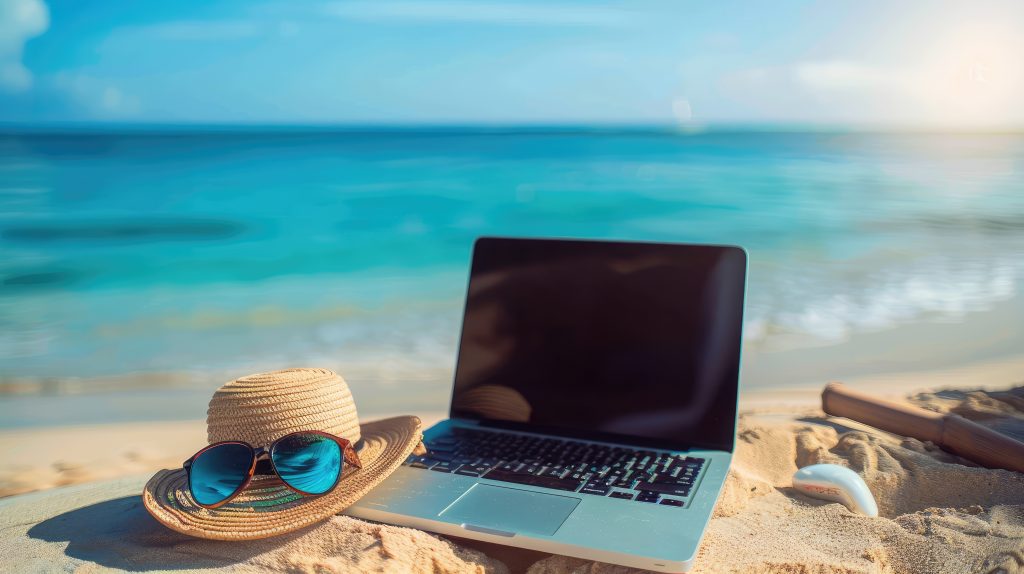 Summer break on laptop notebook computer, office job work holiday or vacation concept, weekend travel, rest and relax on the beach, day off, desk workplace