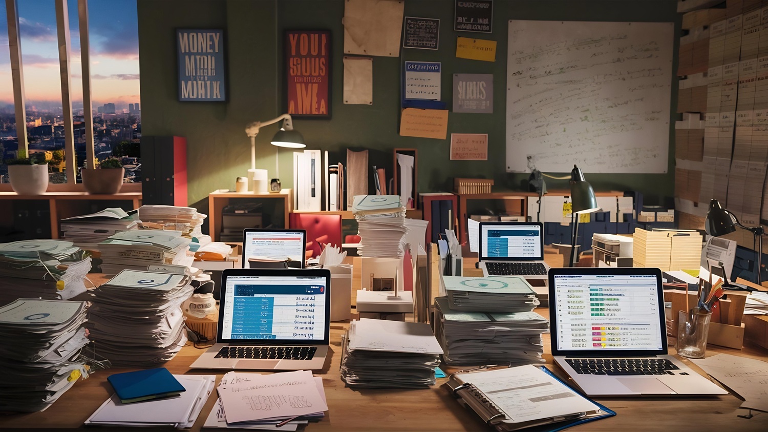 Cluttered desk with laptops and stacks of paperwork in an office setting.