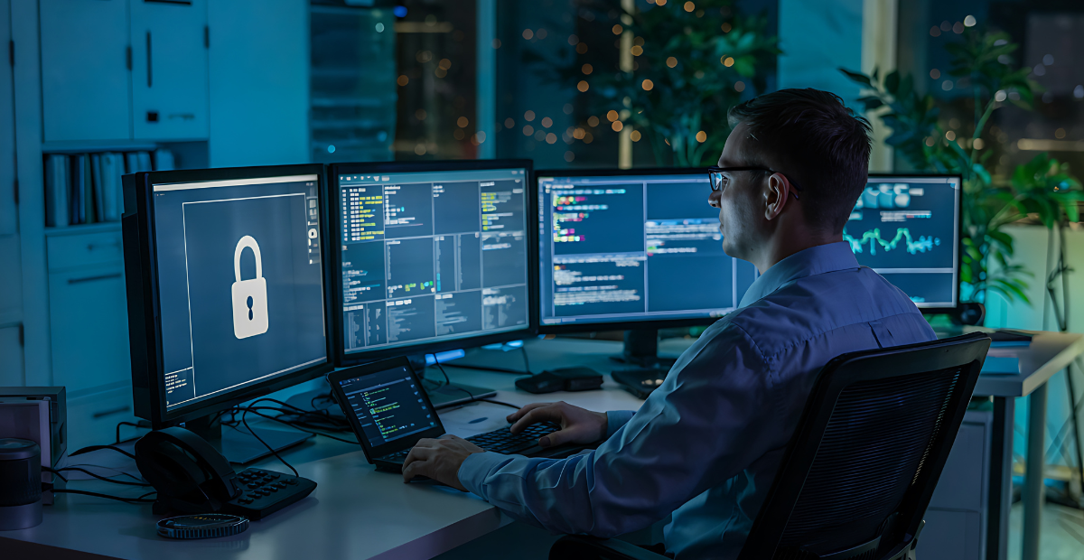 Cybersecurity professional working at a computer with security monitoring screens.